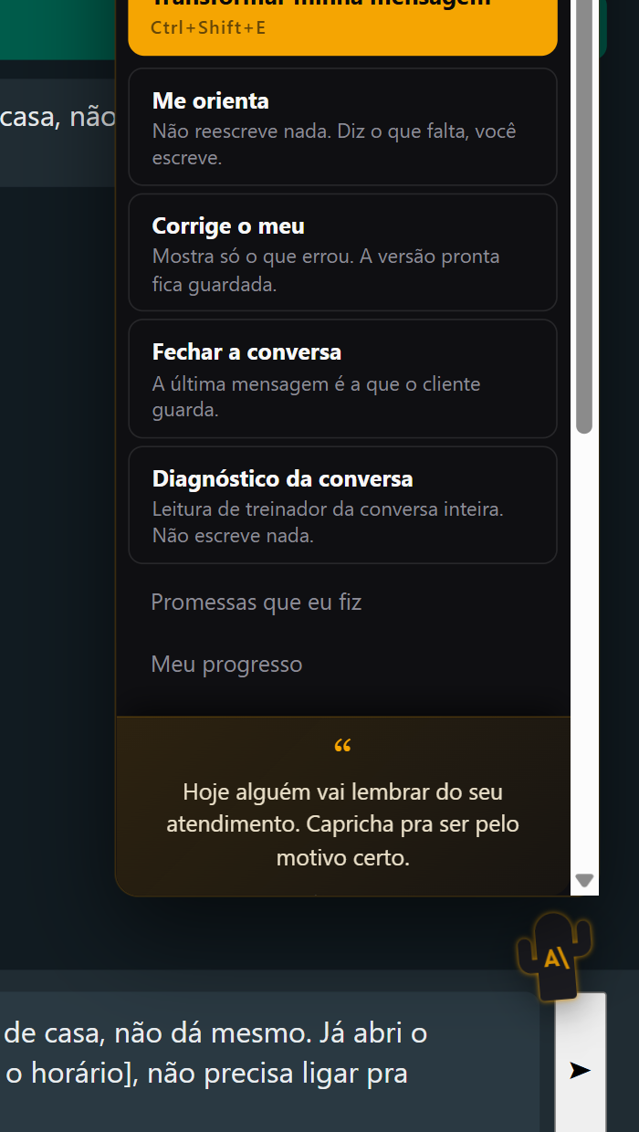 Menu do Caqto aberto no WhatsApp, com os modos e os momentos do atendimento.